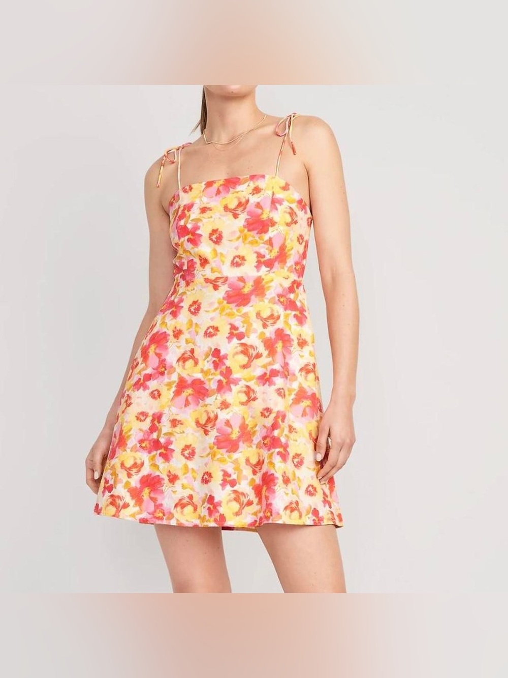 Old Navy Fit Flare Tie-Shoulder Mini Cami Dress Womens M Pink Floral Linen Blend